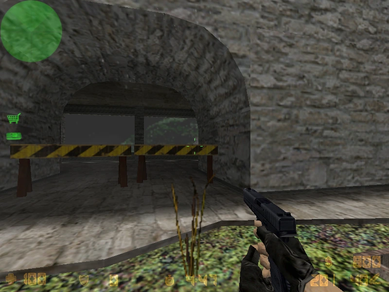 First-person view through a stone archway on de_aztec